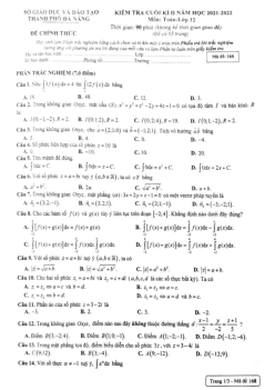 Đề kiểm tra cuối kì 2 Toán 12 năm 2021 – 2022 sở GD&ĐT Đà Nẵng