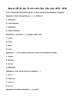 Đề thi vào 10 môn Tiếng Anh năm 2023 - 2024 sở GD&ĐT Bạc Liêu