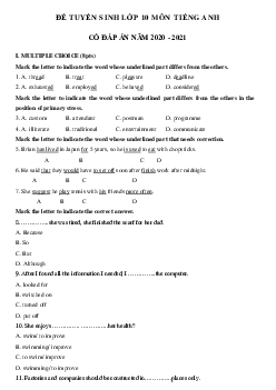 Đề thi tuyển sinh lớp 10 môn Anh số 13 năm 2020-2021