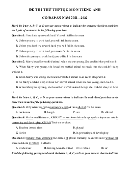 Đề thi thử THPT Quốc gia năm 2021 môn Tiếng Anh trường THPT Đô Lương lần 1 (có đáp án)