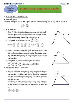 Phiếu bài tập Toán 8 chủ đề định lí Thalès