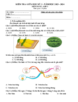 Đề thi giữa học kì 2 môn Toán 3 năm 2023 - 2024 (Đề 2) | Cánh diều