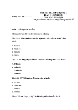 Đề thi giữa học kì 1 môn Toán 4 năm 2023 - 2024 sách Cánh diều | đề 2