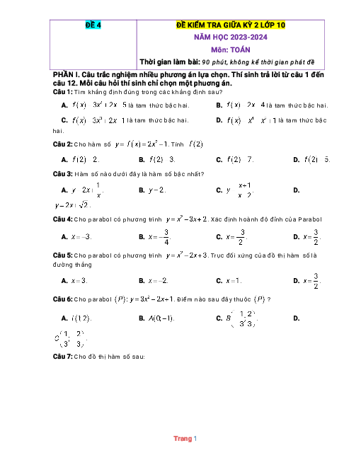 Đề kiểm tra giữa HK2 Toán 10 kết nối tri thức theo Bộ GD có giải chi tiết - Đề 4