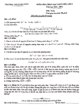 Đề thi học sinh giỏi Toán 9 năm 2021 – 2022 trường THCS Cầu Giấy – Hà Nội