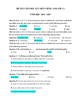 Đề thi học kì 2 lớp 12 môn Tiếng Anh trường THPT Phan Ngọc Hiển năm học 2018 - 2019O(có đáp án)