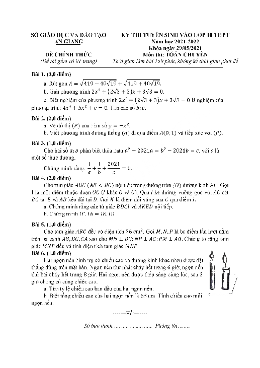 Đề tuyển sinh lớp 10 chuyên môn Toán năm 2021 – 2022 sở GD&ĐT An Giang