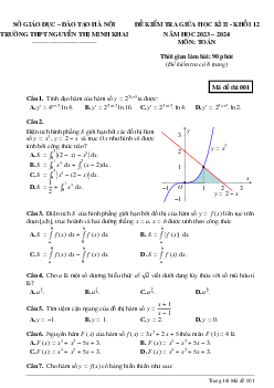 Đề giữa kì 2 Toán 12 năm 2023 – 2024 trường THPT Nguyễn Thị Minh Khai – Hà Nội