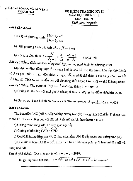 Đề thi học kỳ 2 Toán 9 năm 2017 – 2018 phòng GD và ĐT Thanh Oai – Hà Nội