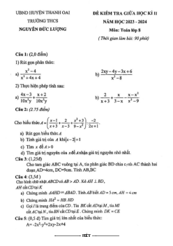 Đề thi giữa học kì 2 Toán 8 năm 2023 – 2024 trường THCS Nguyễn Đức Lượng – Hà Nội