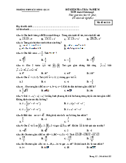Đề trắc nghiệm kiểm tra 1 tiết Hình học 10 chương 2 trường THPT Bắc Đông Quan – Thái Bình