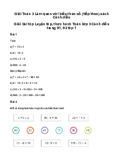 Tính giá trị biểu thức số (tiếp theo): Giải bài tập Luyện tập, thực hành Toán lớp 3 Cánh diều trang 91, 92 tập 1