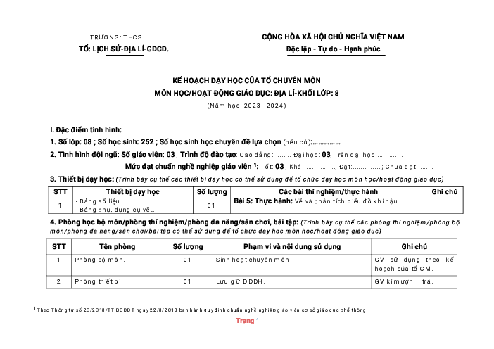 Kế hoạch dạy học tổ chuyên môn Lịch sử và Địa lí 8 Kết nối tri thức