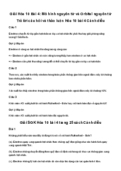 Giải Hóa học 10 Bài 4: Mô hình nguyên tử và Orbital nguyên tử | Cánh diều
