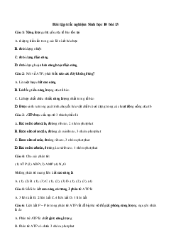 Trắc nghiệm Sinh học 10 bài 13: Khái quát về năng lượng và sự chuyển hóa vật chất