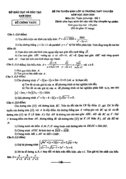 Đề tuyển sinh lớp 10 chuyên môn Toán (chung) năm 2024 – 2025 sở GD&ĐT Nam Định