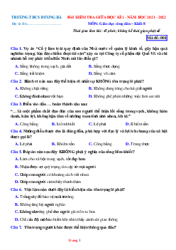 Đề Kiểm Tra Giữa HK1 GDCD Lớp 8 Trường THCS Dương Hà (có đáp án)