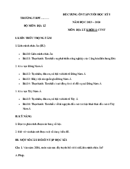 Đề cương ôn tập học kì 1 môn Địa lí 11 sách Chân trời sáng tạo