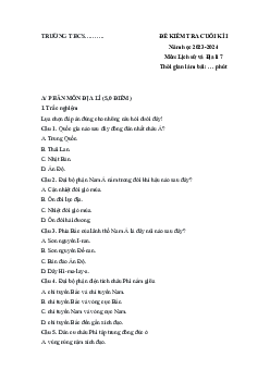 Đề thi học kì 1 môn Lịch sử - Địa lí 7 năm 2023 - 2024 sách Cánh diều - Đề 4