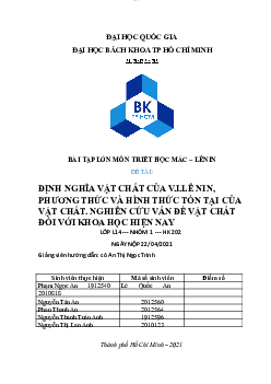 Định nghĩa vật chất của v.i.lê nin, phương thức và hình thức tồn tại của vật chất. Nghiên cứu vấn đề vật chất đối với khoa học hiện nay | Tiểu luận Triết học Mac-Lenin