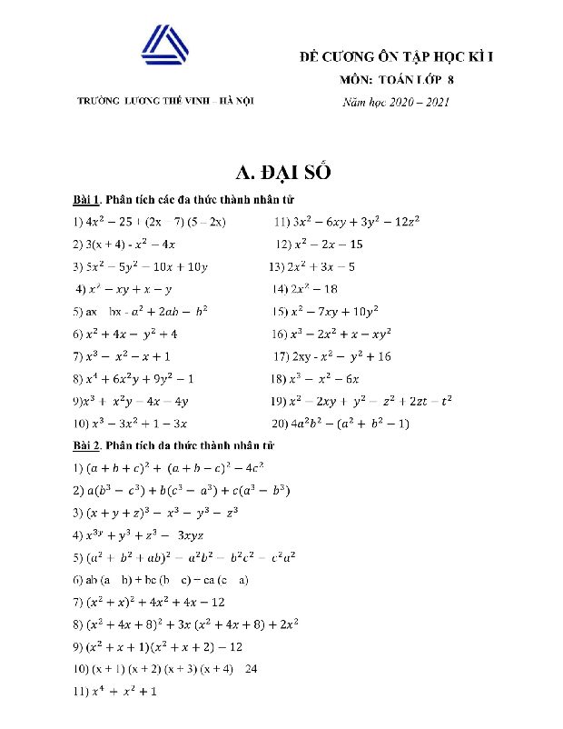Đề cương ôn tập học kì 1 Toán 8 năm 2020 – 2021 trường Lương Thế Vinh – Hà Nội