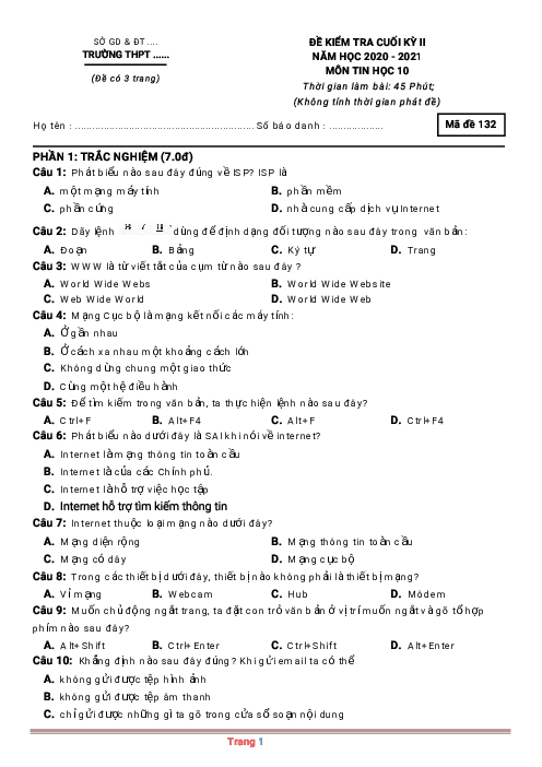 Đề thi HK2 môn Tin 10 năm học 2020-2021 có đáp án