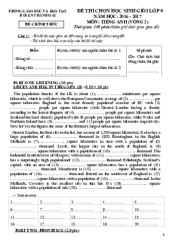 Đề thi chọn học sinh giỏi lớp 9 năm học 2016-2017 môn Tiếng Anh (vòng 2 ) huyện Thanh Oai ,Hà Nội  ( có đáp án)