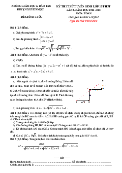 Đề thi thử Toán vào lớp 10 lần 2 năm 2024 – 2025 phòng GD&ĐT Xuyên Mộc – BR VT