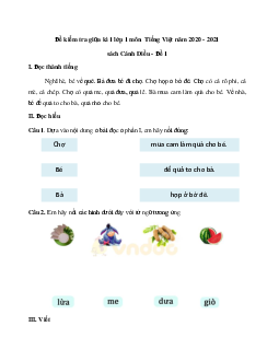 Đề thi giữa kì 1 lớp 1 môn Tiếng Việt năm 2020 sách Cánh Diều - Đề 1