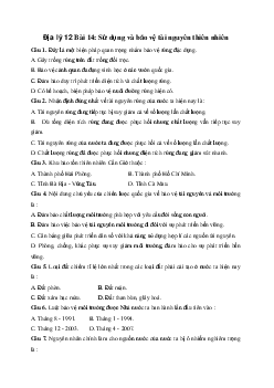 Câu hỏi trắc nghiệm Địa Lý 12 bài 14: Sử dụng và bảo vệ tài nguyên thiên nhiên
