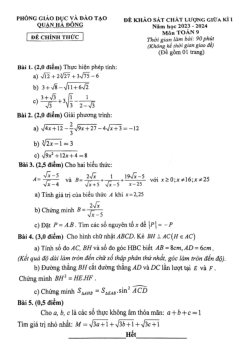 Đề giữa kì 1 Toán 9 năm 2023 – 2024 phòng GD&ĐT Hà Đông – Hà Nội
