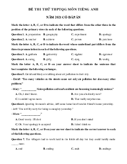 Đề thi thử THPT năm 2021 môn Tiếng Anh 2021 Thái Nguyên lần 1 (có đáp án)