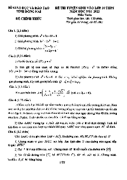 Đề tuyển sinh lớp 10 môn Toán năm 2021 – 2022 sở GD&ĐT Đồng Nai