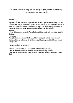 Địa lí 11 Chân trời sáng tạo bài 25: Vị trí địa lí, điều kiện tự nhiên, dân cư và xã hội Trung Quốc
