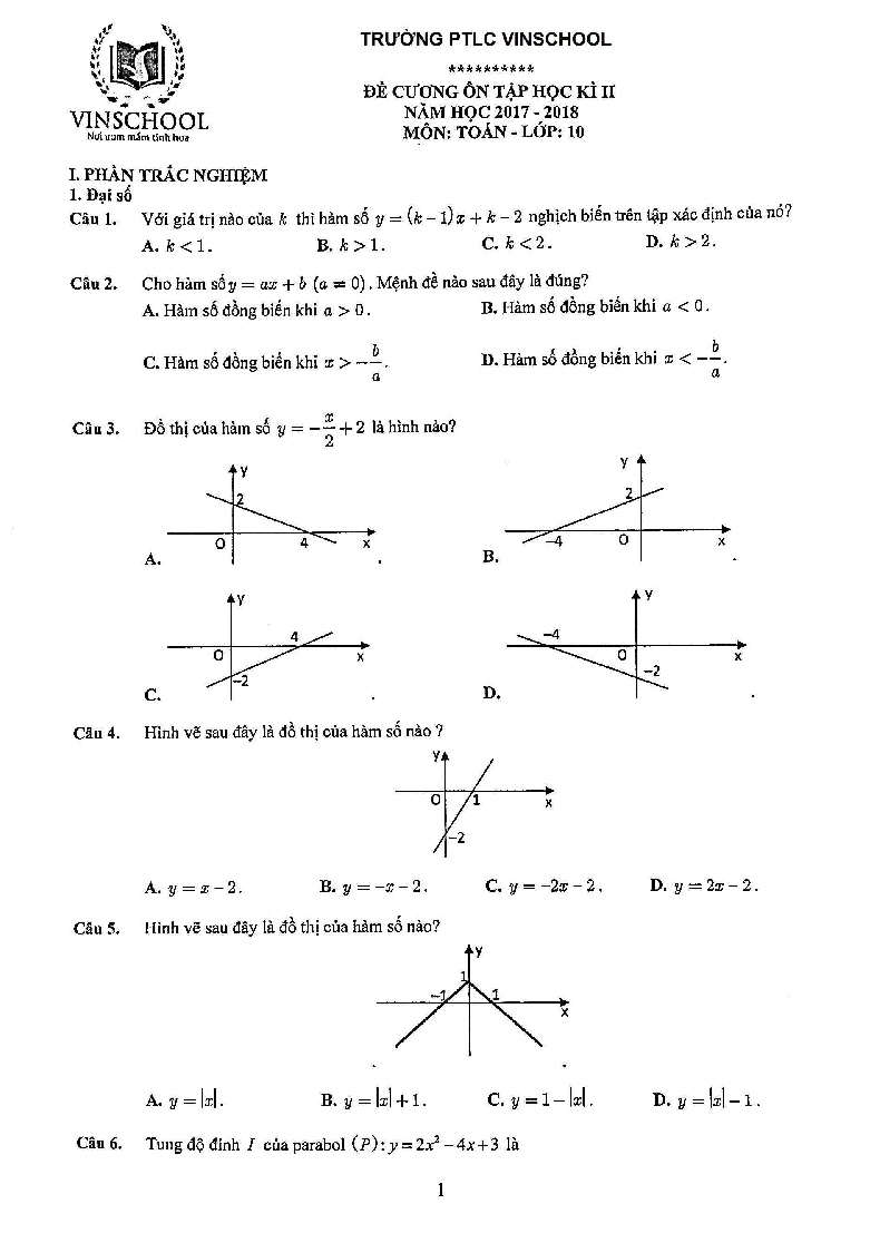 Đề cương ôn tập HK2 Toán 10 năm 2017 – 2018 trường PTLC Vinschool – Hà Nội