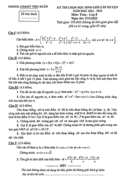 Đề học sinh giỏi huyện Toán 8 năm 2021 – 2022 phòng GD&ĐT Thọ Xuân – Thanh Hoá