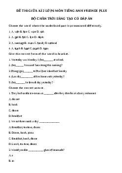 Đề thi giữa học kì 2 môn Tiếng Anh 6 năm 2023 - 2024 sách Friends Plus | đề 3
