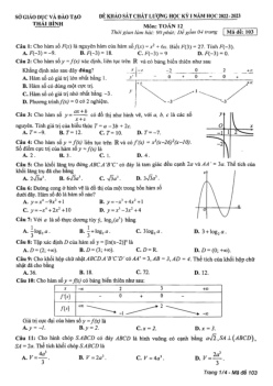 Đề thi học kỳ 1 Toán 12 năm 2022 – 2023 sở GD&ĐT Thái Bình