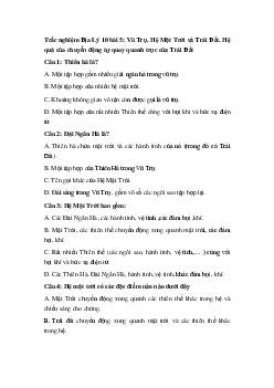Trắc nghiệm Địa Lý 10 bài 5: Vũ Trụ. Hệ Mặt Trời và Trái Đất. Hệ quả của chuyển động tự quay quanh trục của Trái Đất