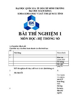 Báo cáo thí nghiệm sô 01 môn học Hệ thống Số | Đại học Bách khoa Thành phố Hồ Chí Minh