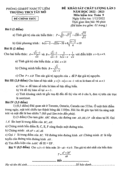 Đề khảo sát Toán 9 lần 3 năm 2022 – 2023 trường THCS Tây Mỗ – Hà Nội