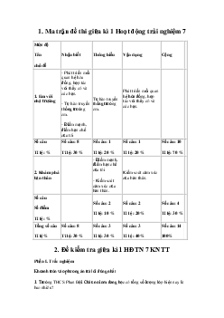 Đề thi giữa kì 1 Hoạt động trải nghiệm 7 năm học 2023 - 2024 | Kết nối tri thức