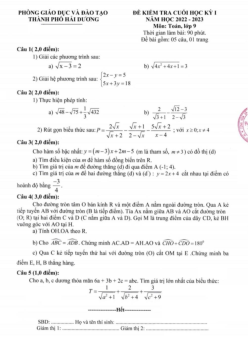 Đề cuối học kỳ 1 Toán 9 năm 2022 – 2023 phòng GD&ĐT thành phố Hải Dương