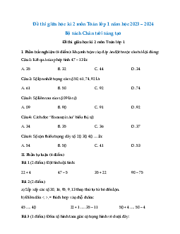 Đề thi giữa học kì 2 lớp 1 năm 2023 - 2024 | Toán 1 | Chân trời sáng tạo | đề 2