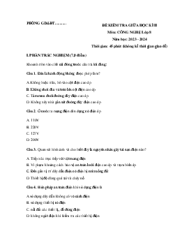 Đề thi giữa học kì 2 môn Công nghệ 8 năm 2023 - 2024 sách KNTT - Đề 1