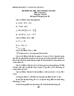Đề thi học kỳ 1 Toán 6 năm 2019 – 2020 phòng GD&ĐT Quận 12 – TP HCM