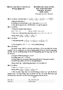 Đề học sinh giỏi Toán 8 năm 2022 – 2023 phòng GD&ĐT Bình Lục – Hà Nam