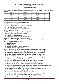 Đề kiểm tra giữa học kỳ II năm học 2020-2021 môn sinh học 12 gồm 30 câu trắc nghiệm (có đáp án)