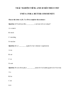 Trắc nghiệm Ngữ pháp tiếng Anh lớp 10 Unit 4 For A Better Community | Global Success
