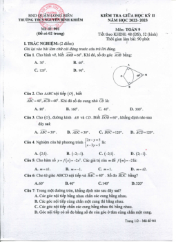 Đề giữa học kỳ 2 Toán 9 năm 2022 – 2023 trường THCS Nguyễn Bỉnh Khiêm – Hà Nội
